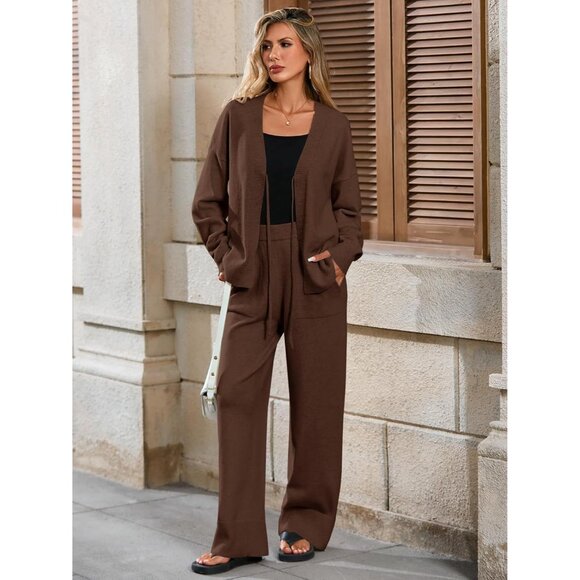Womens 2 Piece Sweater Set Oversized Tie Front Cardigan Elastic Pants Lounge - Picture 2 of 7